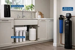 Rumah sistem penapisan air bawah sinki dan meja dapur untuk kegunaan kediaman