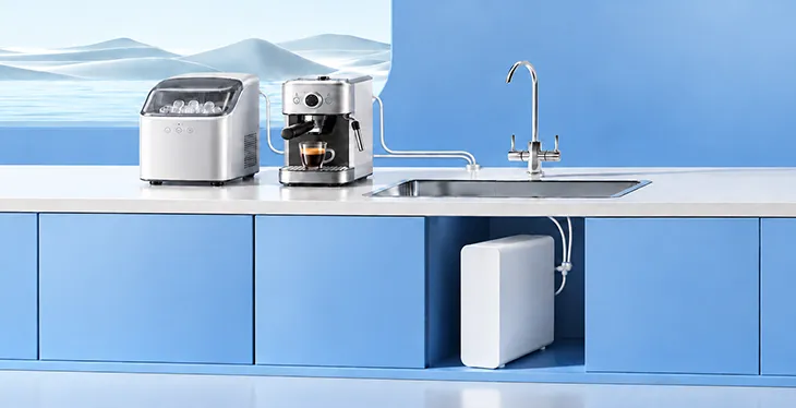 Tankless RO system supplying a coffee machine and ice maker
