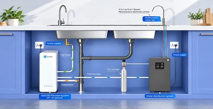 Under-sink installation of a U-series RO unit and K-series tap system