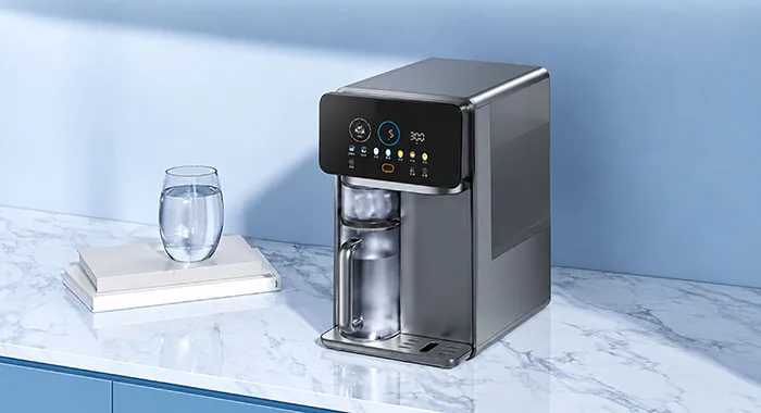 Countertop RO water purifier on a kitchen countertop
