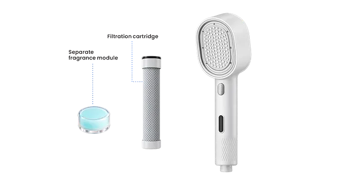 Handheld shower head with a filtration cartridge and separate fragrance module