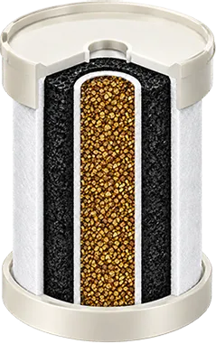 Cutaway showing separate media layers in a shower filter cartridge