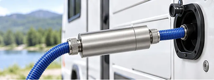 Stainless steel inline water filter connected to an RV filling hose