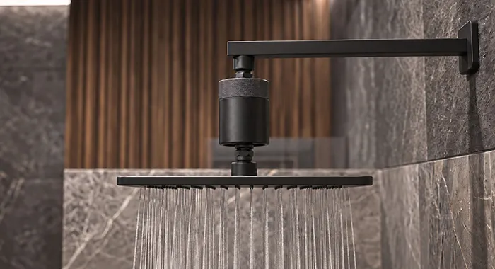 Inline shower filter installed above an overhead shower head
